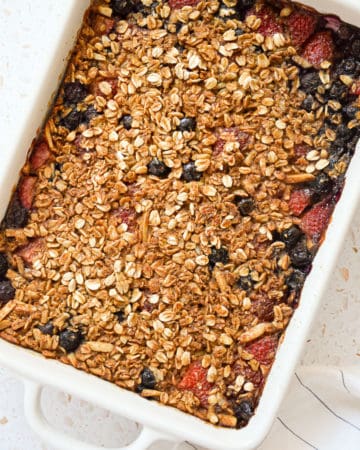 up close of Red White and Blueberry Oatmeal Bake