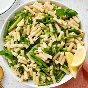 spring vegetarian pasta dish with butter sauce
