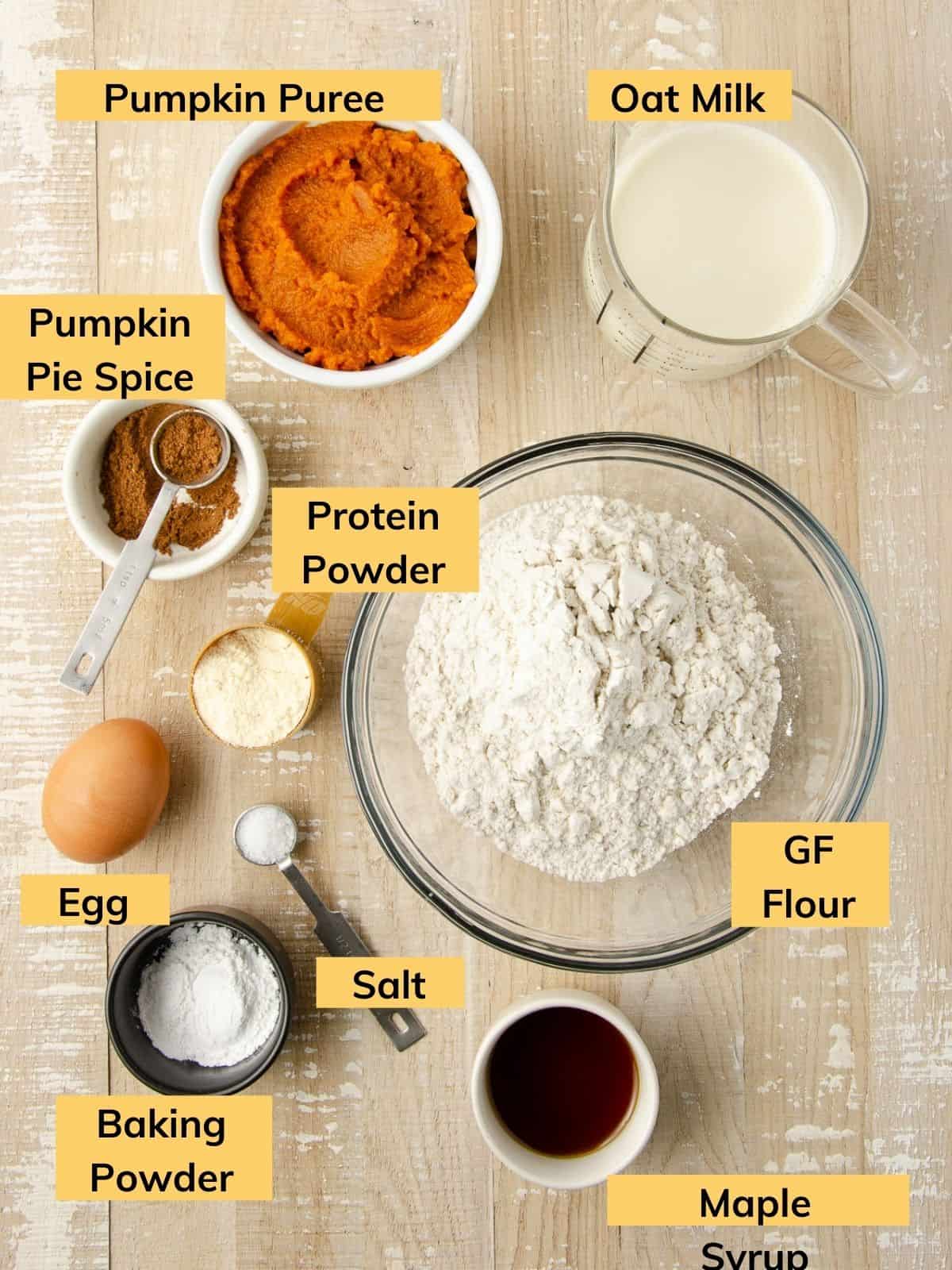 Ingredients with labels for pumpkin protein pancakes.