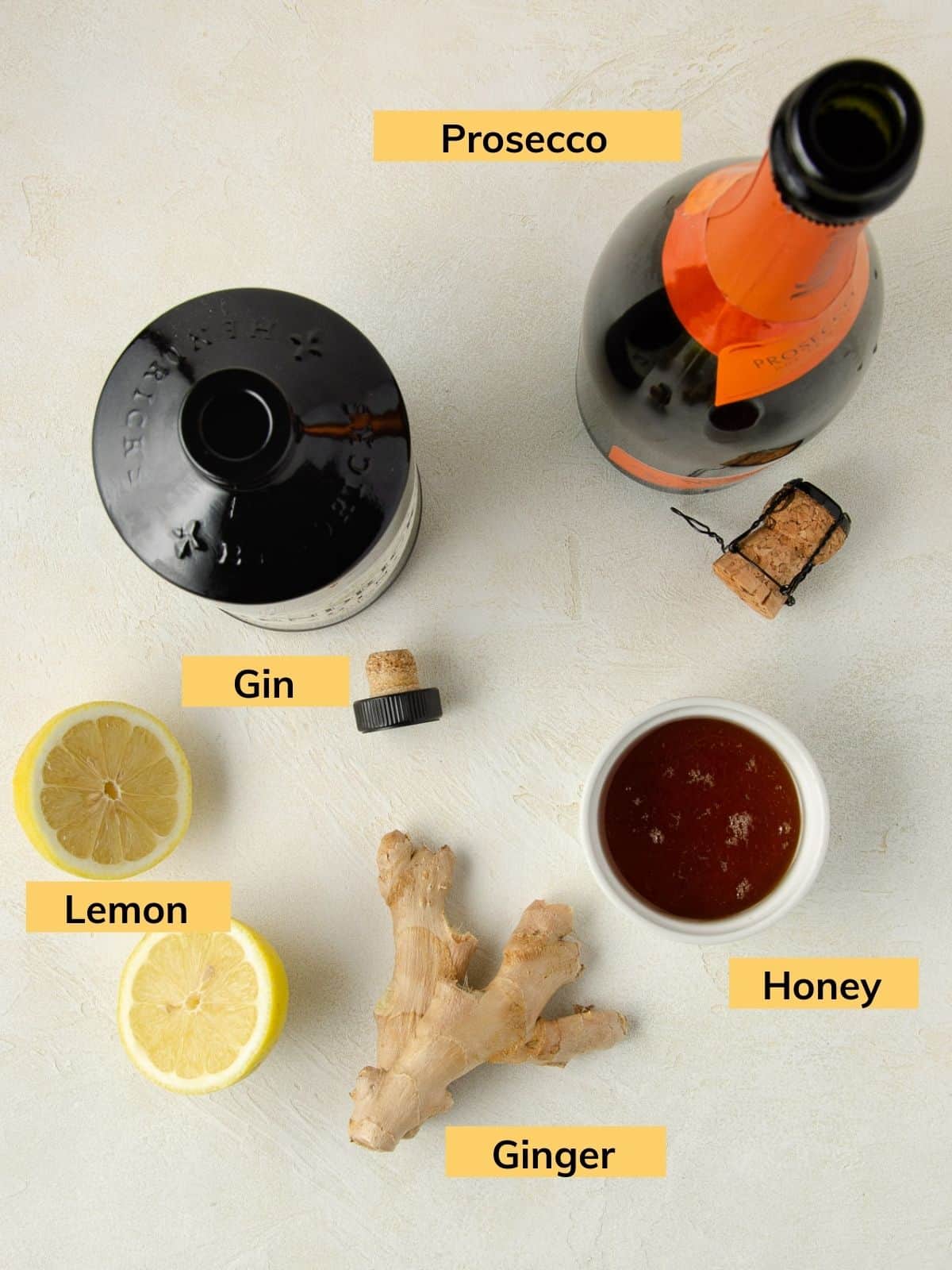 Ingredients for honey ginger prosecco cocktail.