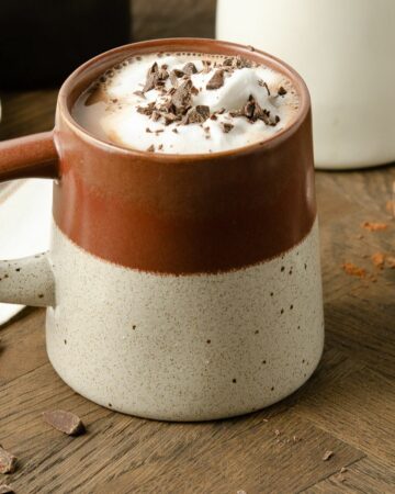 A close up view of a burgundy mug filled with hot cocoa.