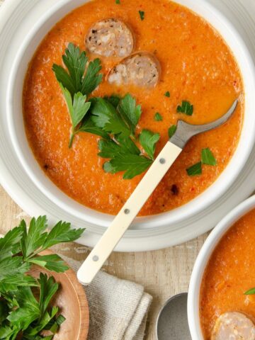 roasted red pepper,tomato soup,dairy-free,soup with sausage