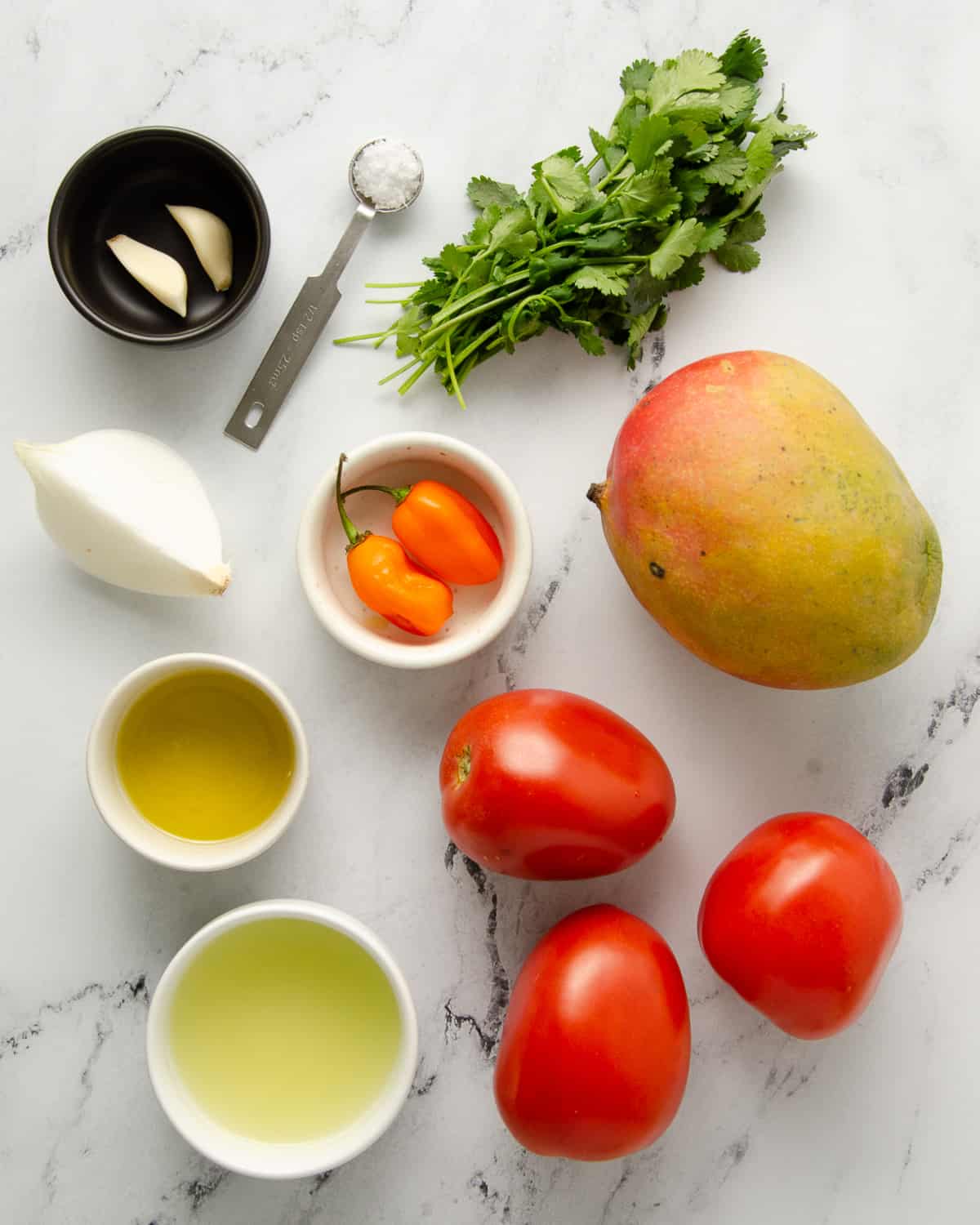 Ingredients for making an authentic mango habanero salsa.