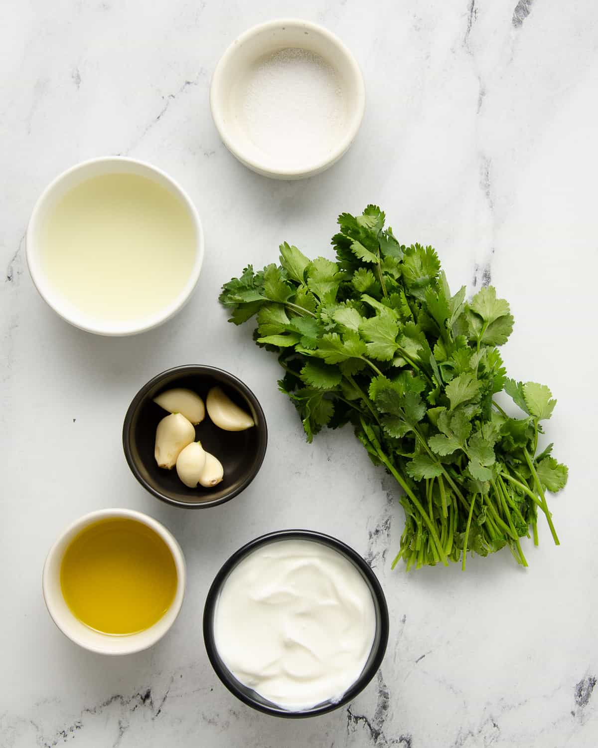 Ingredients needed to make cilantro garlic lime sauce on a white counter.