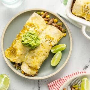 Two enchiladas on a plate topped with cheese and a scoop of guacamole.