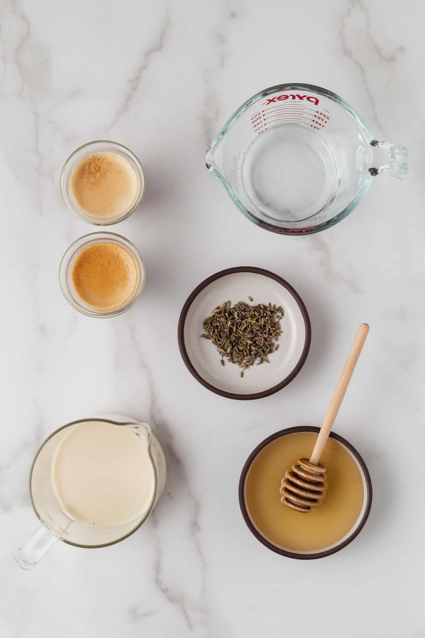 Ingredients needed for honey lavender latte.