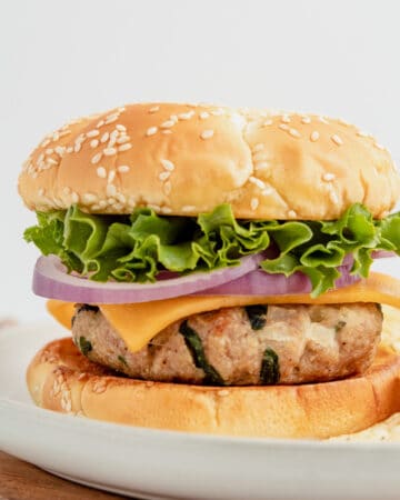 Gluten free chicken burger topped with cheese, red onion and lettuce.