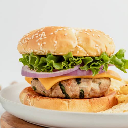 Gluten free chicken burger topped with cheese, red onion and lettuce.