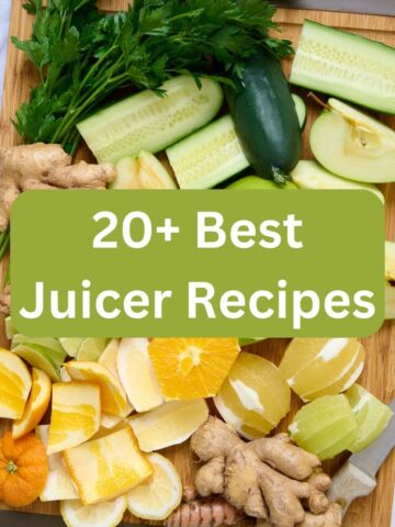 A cutting board of juicing ingredients on a marble table. A dark green box with 20+ Best Juicer Recipes written over it in white.