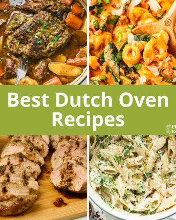 Featured image of four different types of dutch oven recipes: a stew, two pastas and pork tenderloin.