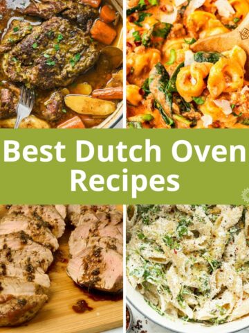 Featured image of four different types of dutch oven recipes: a stew, two pastas and pork tenderloin.