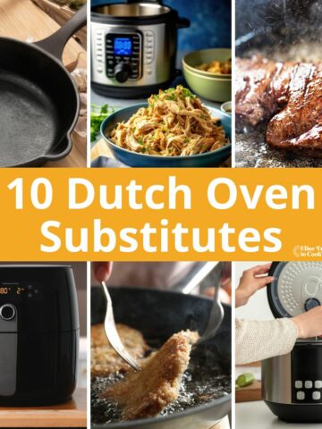 6 images of different Dutch oven substitutes, from cast iron skillets to Instant Pots and Crock Pots.