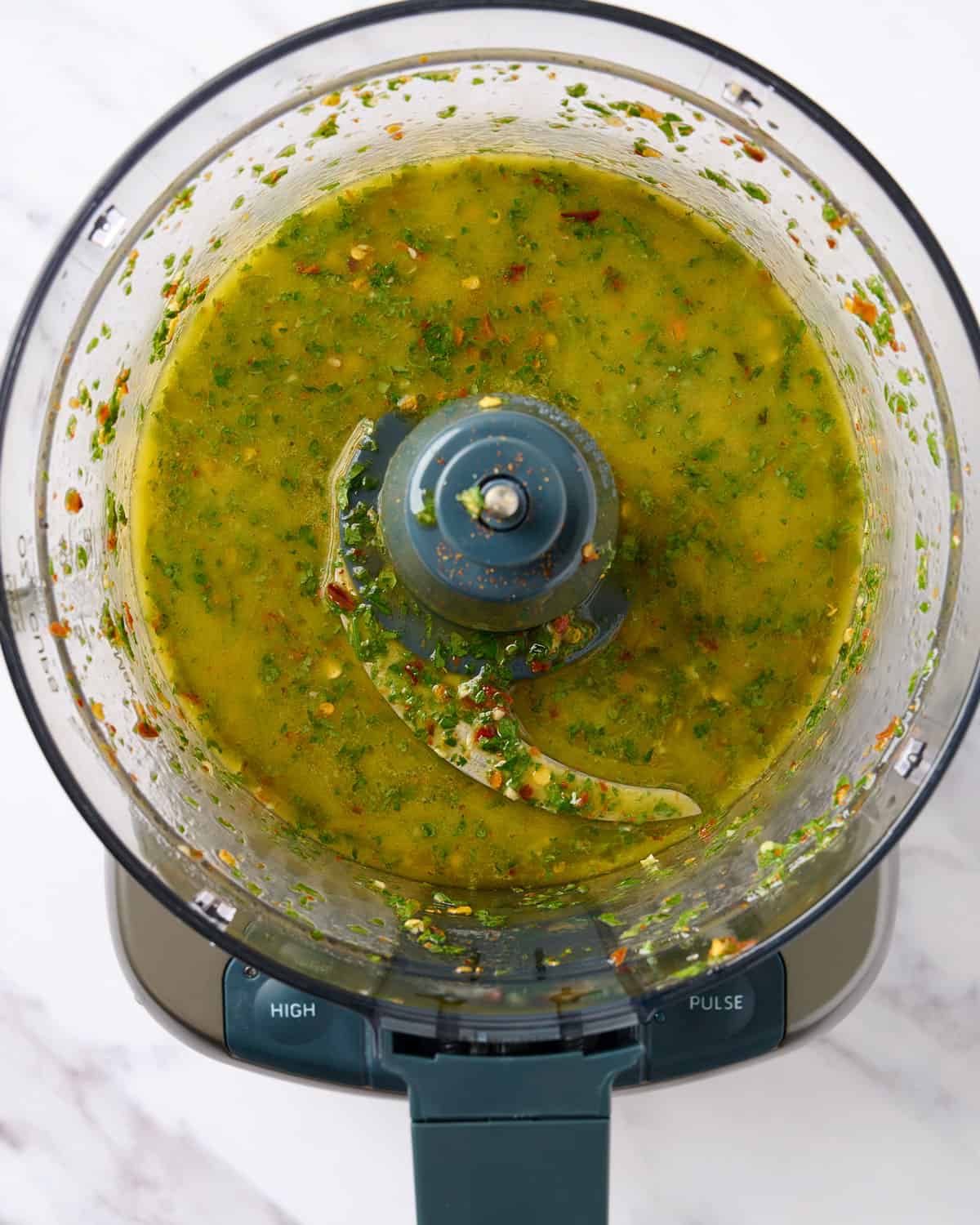 Spicy chimichurri finished in food processor.